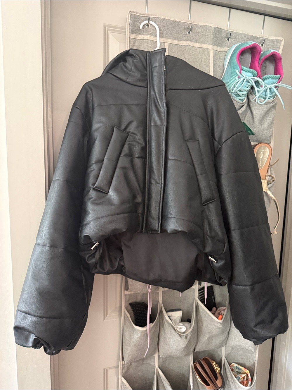 Q2 Black Faux-Leather Cropped Puffer Jacket